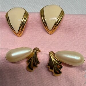 Monet Earrings Clip On 2 Pairs Gold Tone & Cream Drop Faux Pearls Vintage